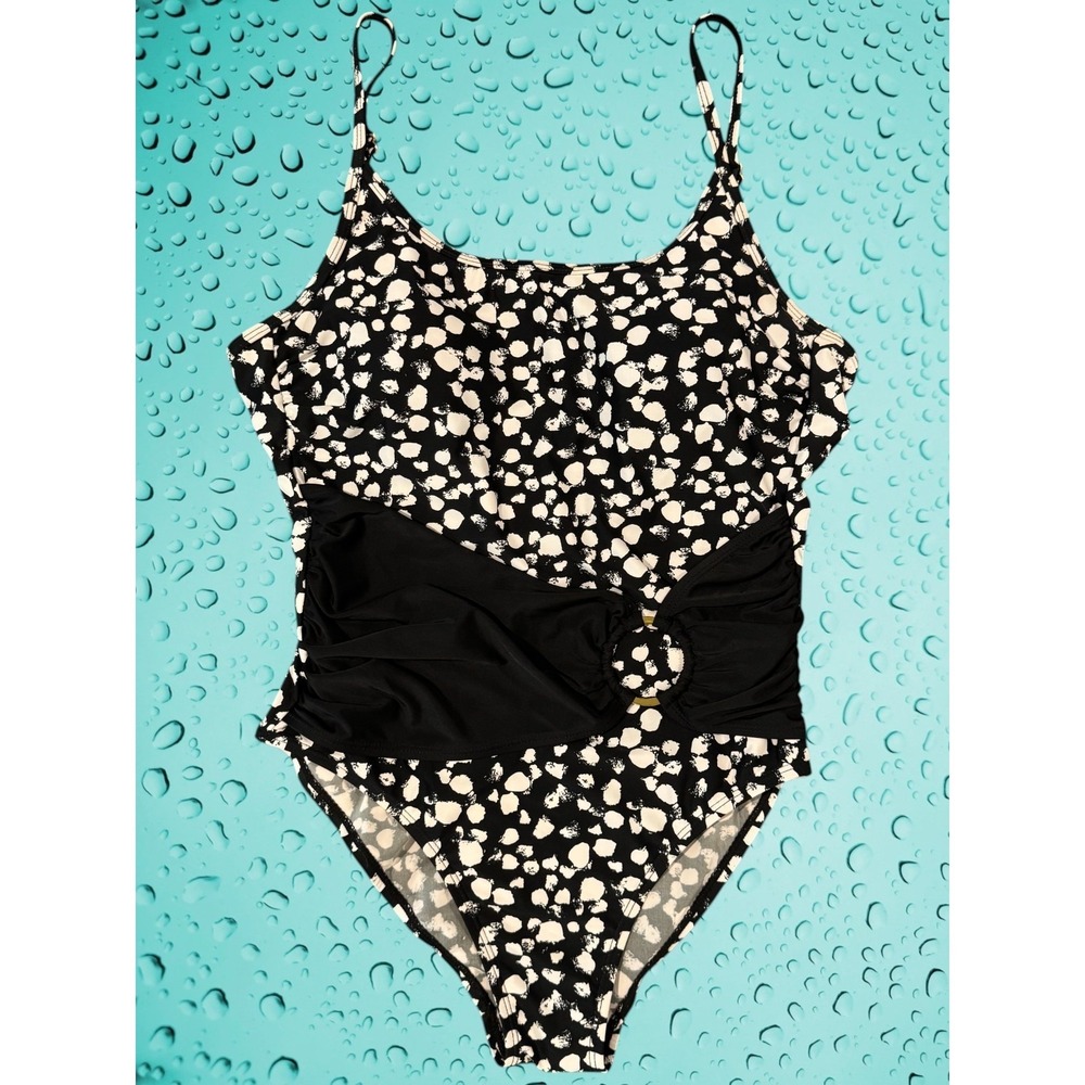 Tahari Women's L One-Piece Swimsuit Pebble Print Ruched Faux Wrap Built-In Bra